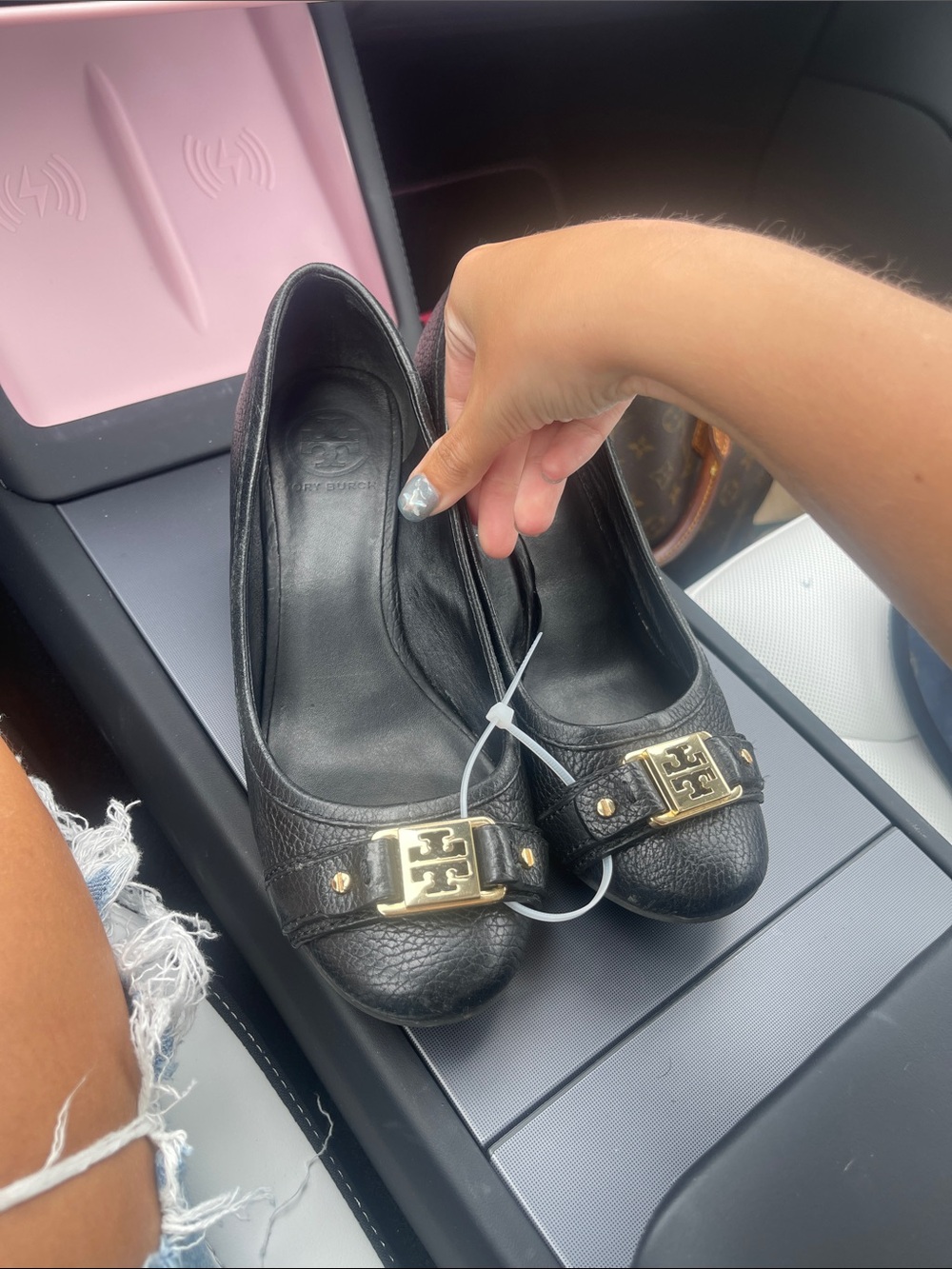 Tory Burch Black Leather platform heels with Gold Logo Accent